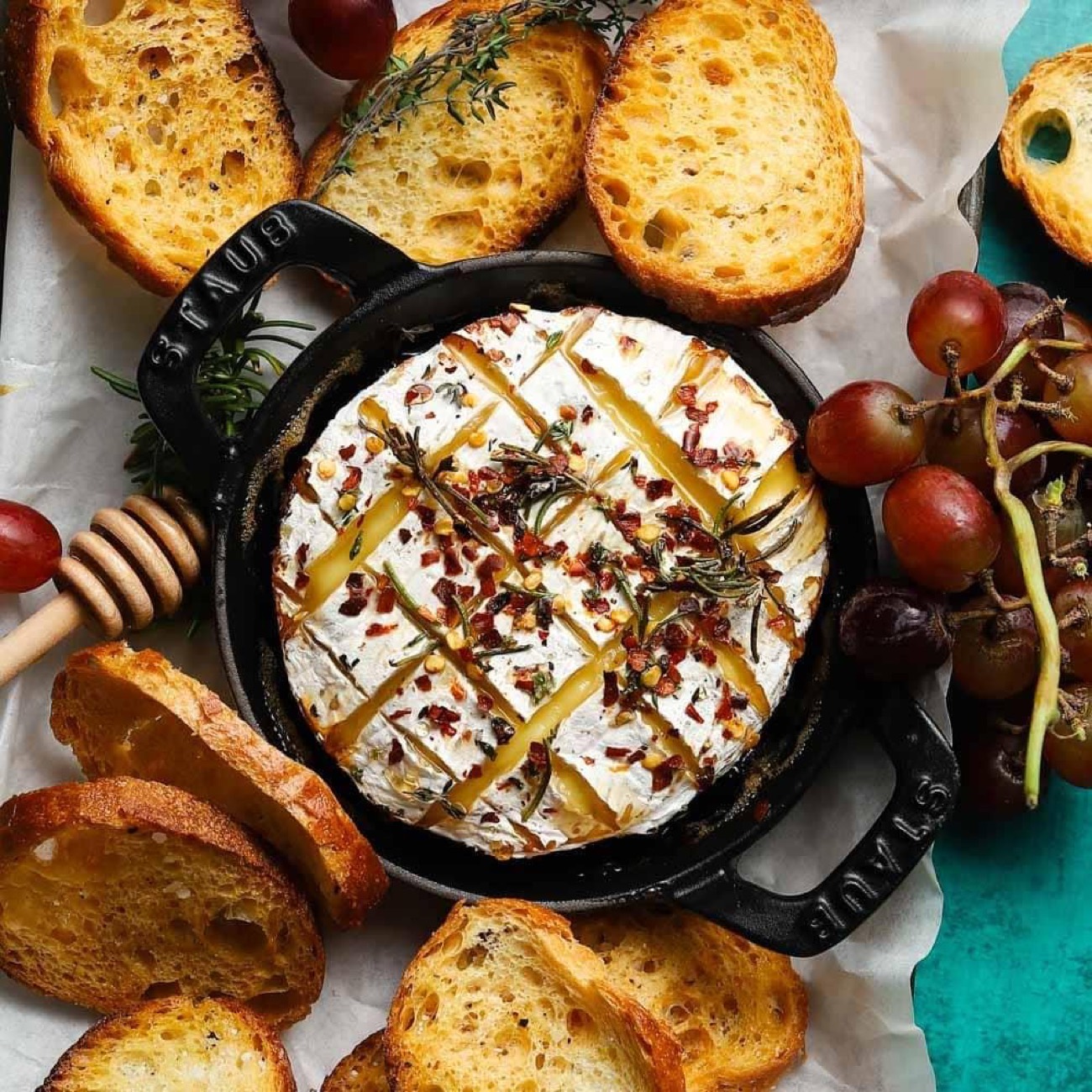 A baked camembert with toasted bread