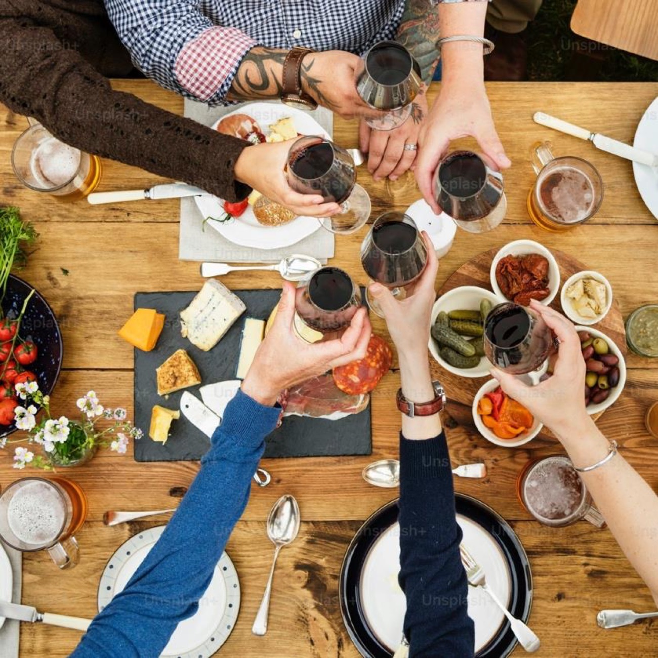 A communal table toast from above
