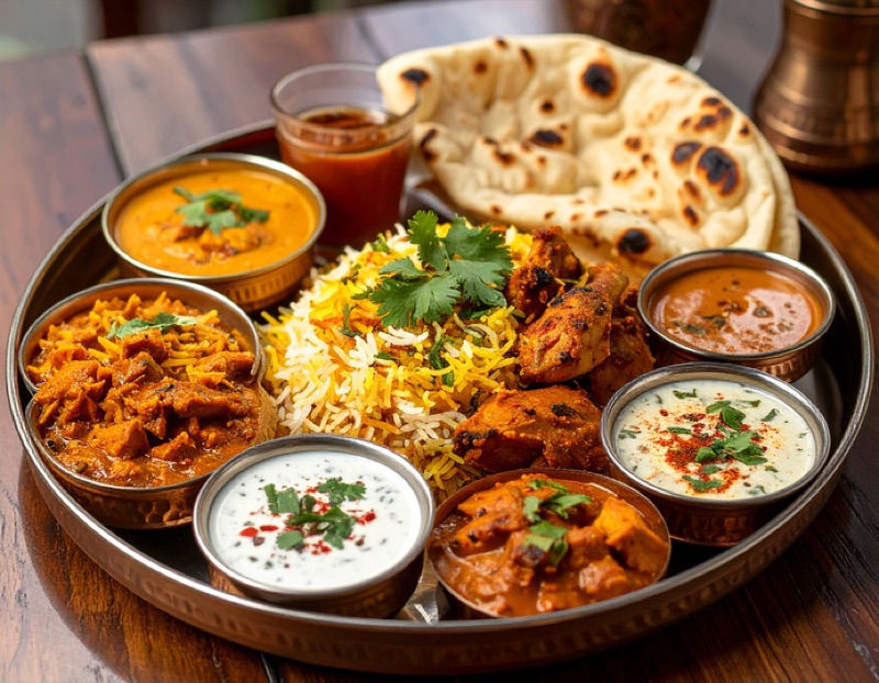 A curry feast with naan and dips