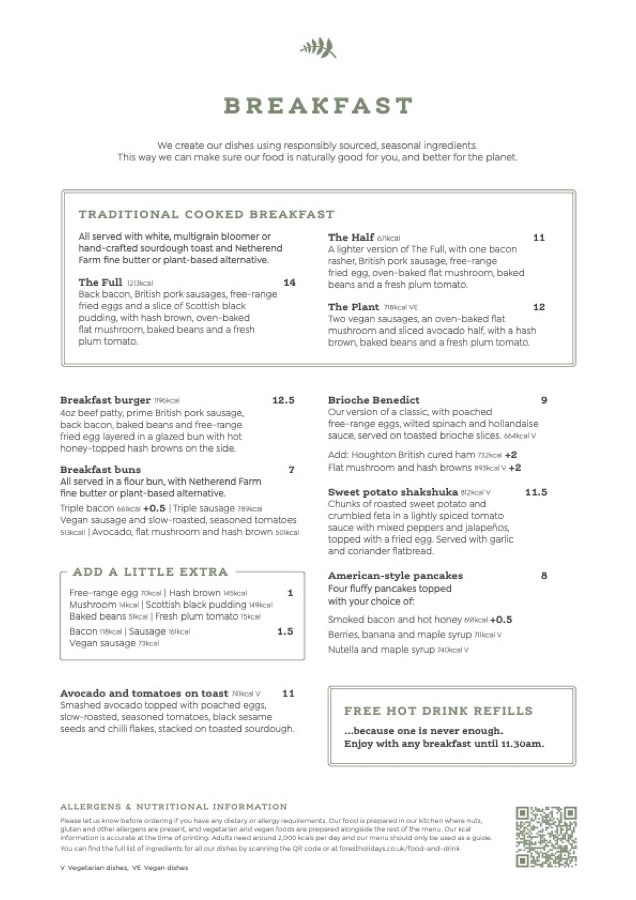 The Forest Holidays winter breakfast menu