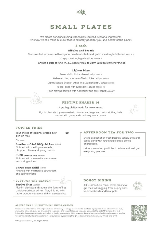 The Forest Holidays winter small plates menu