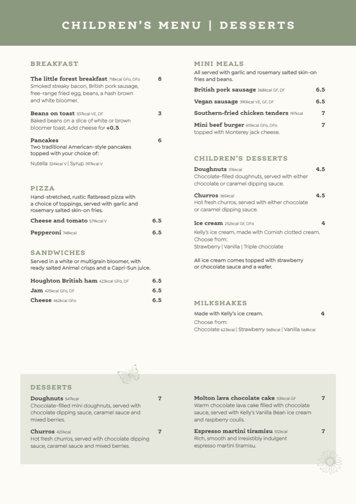 Summer 2026 children's menu and desserts