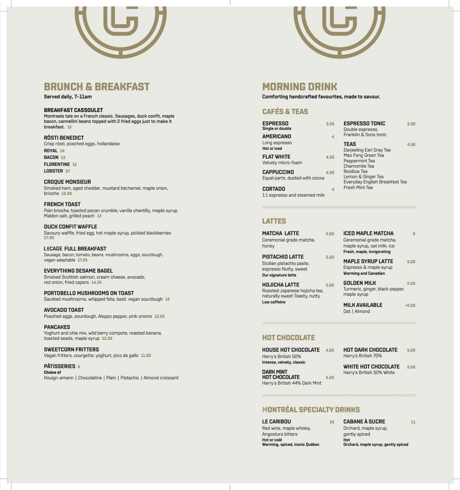 La Cage UK brunch and breakfast menu page