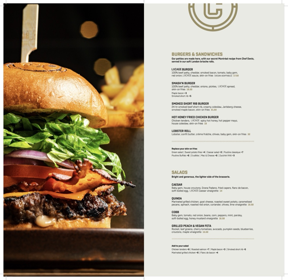 La Cage UK burgers and sandwiches menu page