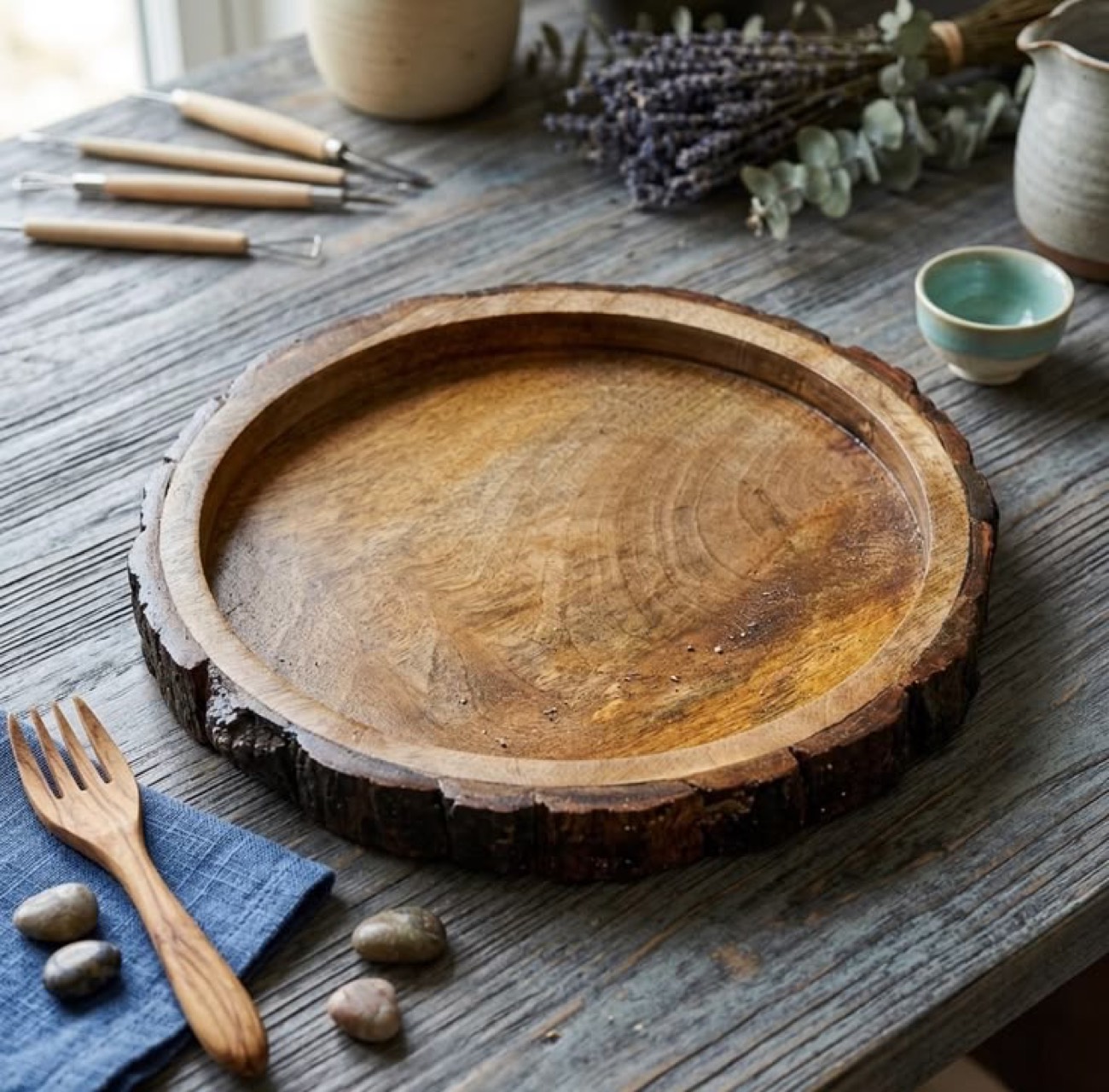 A bark-edged wooden tray