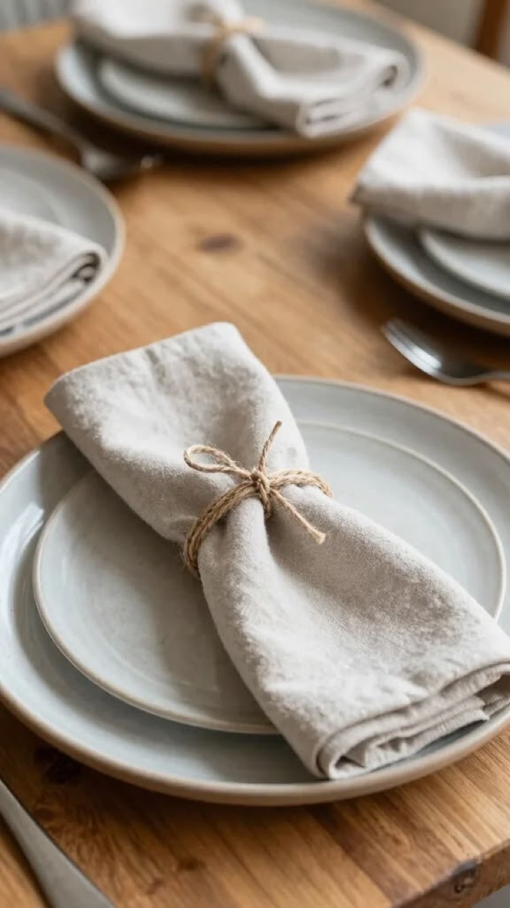 A linen napkin tied on a stoneware plate