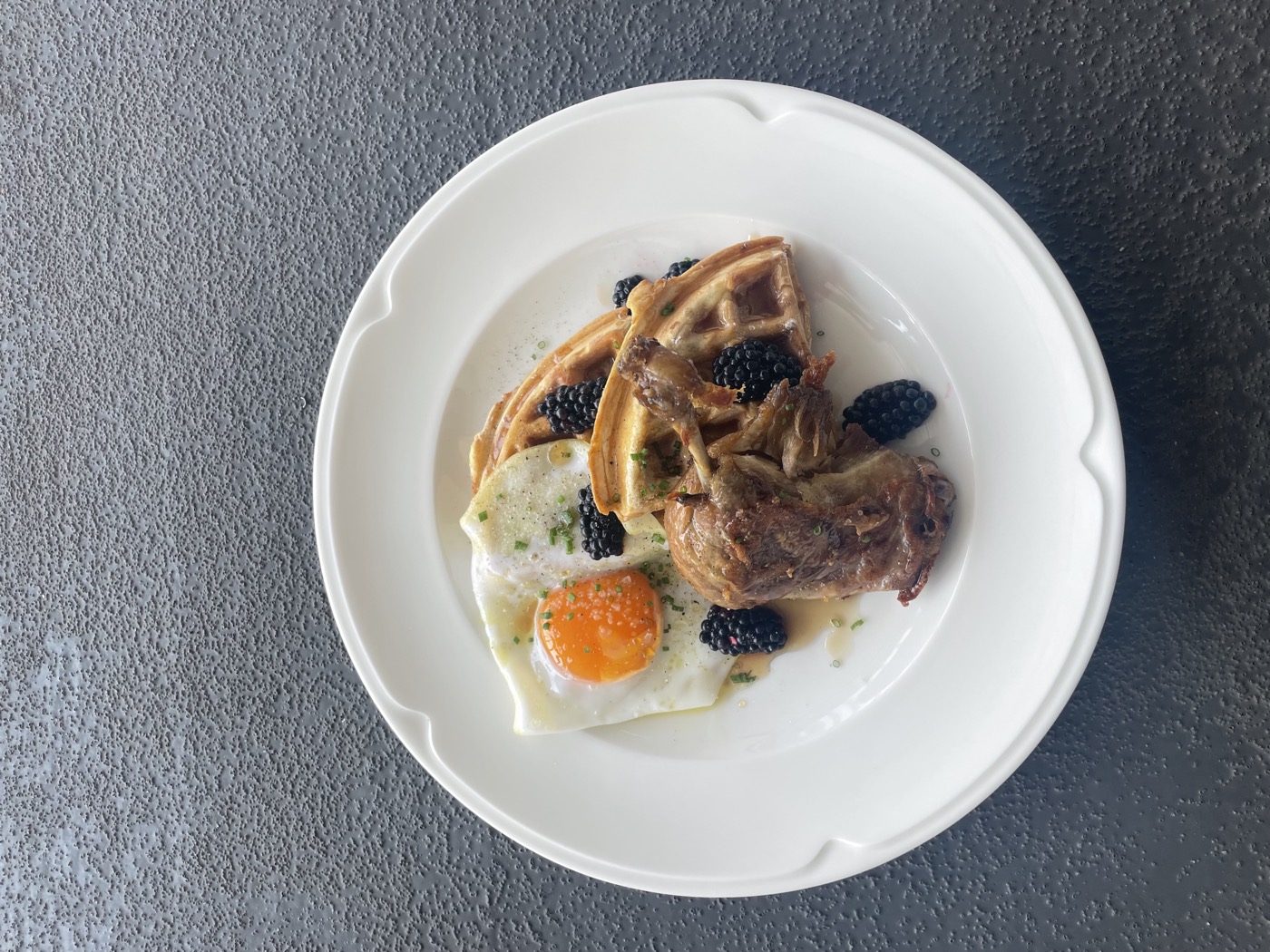 Duck, waffle, blackberries