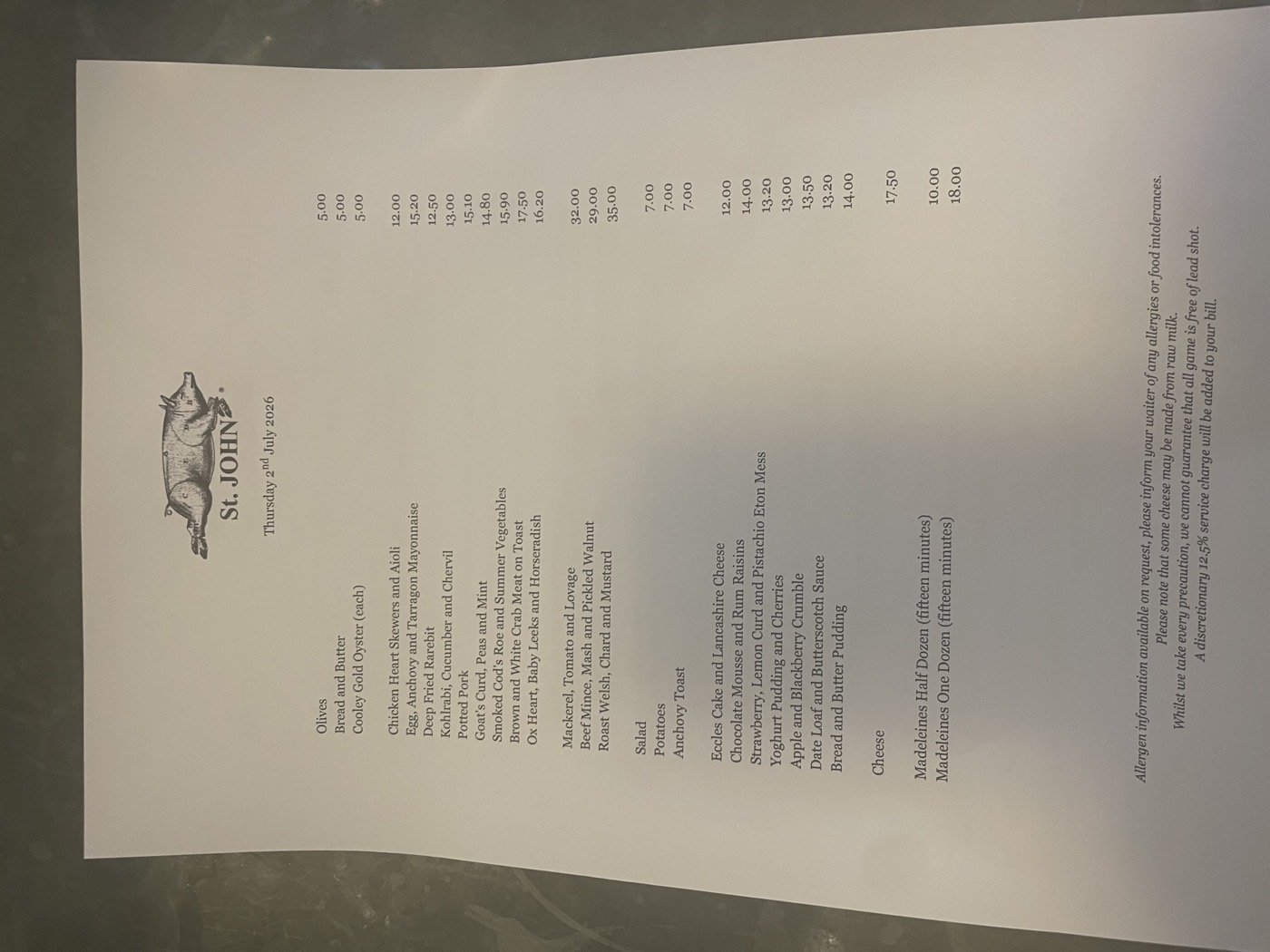 St. John, the day's menu